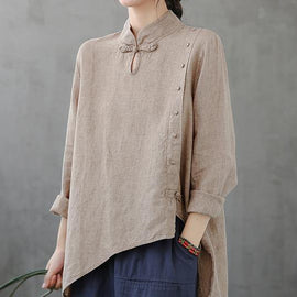 French stand collar asymmetric tops women Cotton gray shirts