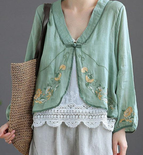 Green V Neck Embroideried Summer Ramie Cardigan Long Sleeve