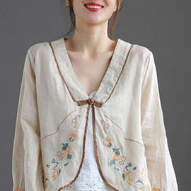 Green V Neck Embroideried Summer Ramie Cardigan Long Sleeve