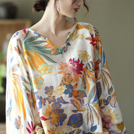 Handmade Apricot V Neck Casual Floral Fall Blouse Long sleeve