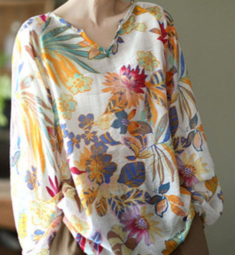 Handmade Apricot V Neck Casual Floral Fall Blouse Long sleeve