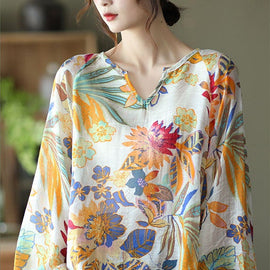 Handmade Apricot V Neck Casual Floral Fall Blouse Long sleeve