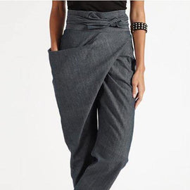 Handmade Grey asymmetrical design High Waist Cotton Harem Summer Pants