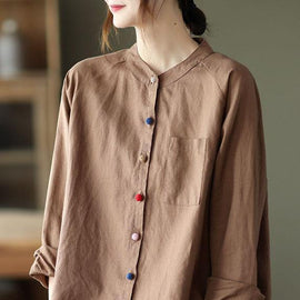 Handmade Khaki Retro O-Neck Button Fall Top Long Sleeve