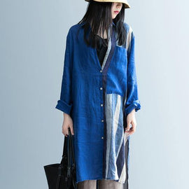 Handmade blue patchwork striped lapel Dress