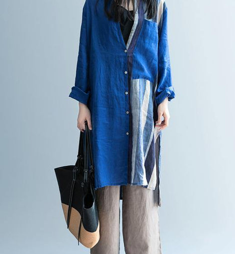 Handmade blue patchwork striped lapel Dress