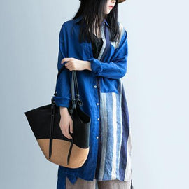 Handmade blue patchwork striped lapel Dress