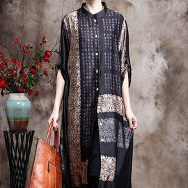 Italian Black Print Long Chiffon Dress Spring Cardigan