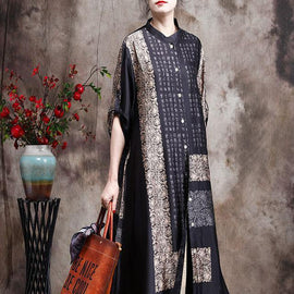 Italian Black Print Long Chiffon Dress Spring Cardigan