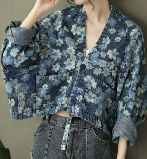 Italian Blue Print Denim Long sleeve V Neck Top