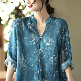 Italian Blue V Neck Print Linen Shirt Spring