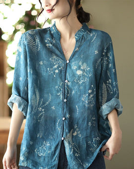 Italian Blue V Neck Print Linen Shirt Spring