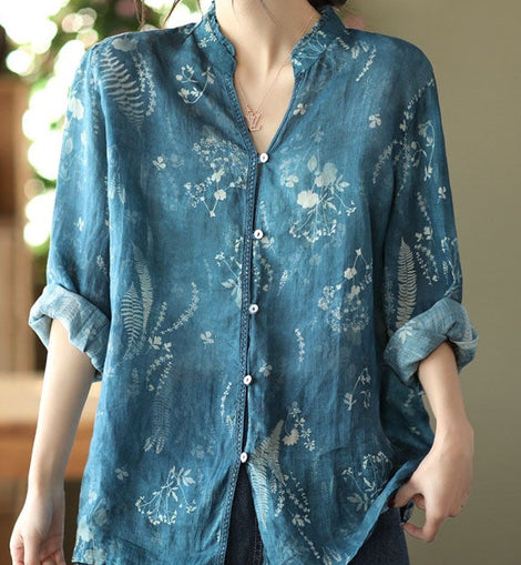 Italian Blue V Neck Print Linen Shirt Spring