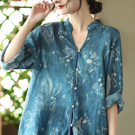 Italian Blue V Neck Print Linen Shirt Spring