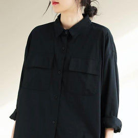 Italian Lapel Pockets Spring Tops Women Black Blouses