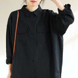 Italian Lapel Pockets Spring Tops Women Black Blouses