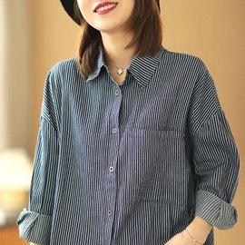 Italian Navy Striped PeterPan Collar Button Pockets Fall Top Long sleeve