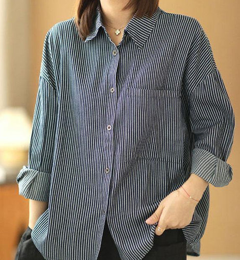 Italian Navy Striped PeterPan Collar Button Pockets Fall Top Long sleeve