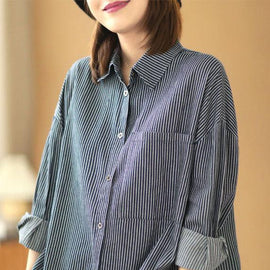 Italian Navy Striped PeterPan Collar Button Pockets Fall Top Long sleeve