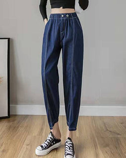 Italian Spring Casual Pants Stylish Denim Blue Photography Elastic Waist Patchwork Women Pants