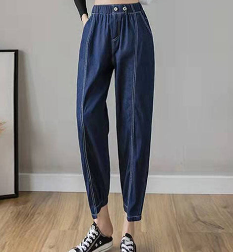 Italian Spring Casual Pants Stylish Denim Blue Photography Elastic Waist Patchwork Women Pants