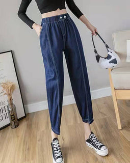 Italian Spring Casual Pants Stylish Denim Blue Photography Elastic Waist Patchwork Women Pants