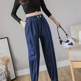 Italian Spring Casual Pants Stylish Denim Blue Photography Elastic Waist Patchwork Women Pants