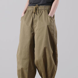 Loose Khaki tie waist Pockets Harem Pants Summer Cotton