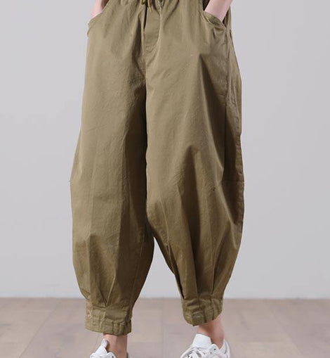 Loose Khaki tie waist Pockets Harem Pants Summer Cotton