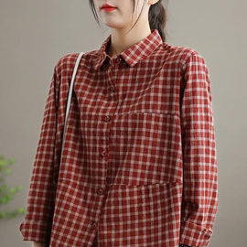 Loose Lapel Patchwork Spring Blouse Sleeve Red Plaid Top