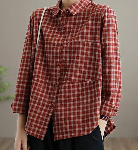 Loose Lapel Patchwork Spring Blouse Sleeve Red Plaid Top