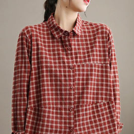 Loose Lapel Patchwork Spring Blouse Sleeve Red Plaid Top