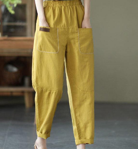 Loose Yellow Loose Casual Summer Pockets Pants