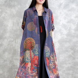 Loose lapel long sleeve fine outfitpurple print Knee cardigan