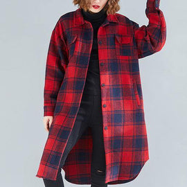 Loose red plaid cotton top silhouette lapel pockets Dresses blouses