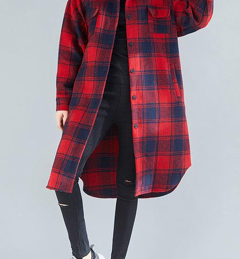 Loose red plaid cotton top silhouette lapel pockets Dresses blouses