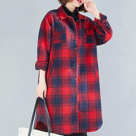 Loose red plaid cotton top silhouette lapel pockets Dresses blouses