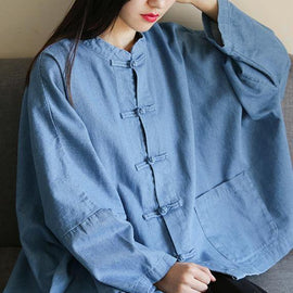 Loose stand collar Chinese Button clothes For Women Sleeve denim light blue shirts