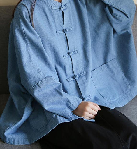 Loose stand collar Chinese Button clothes For Women Sleeve denim light blue shirts