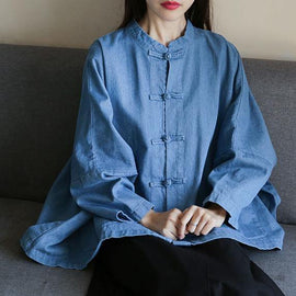 Loose stand collar Chinese Button clothes For Women Sleeve denim light blue shirts