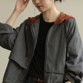 Loose striped fine trench coat Photography hooded patchwork  women coats