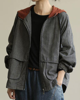 Loose striped fine trench coat Photography hooded patchwork  women coats