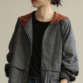 Loose striped fine trench coat Photography hooded patchwork  women coats