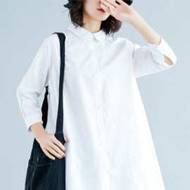 Loose white linen cotton Tunic Shirts lapel asymmetric tops