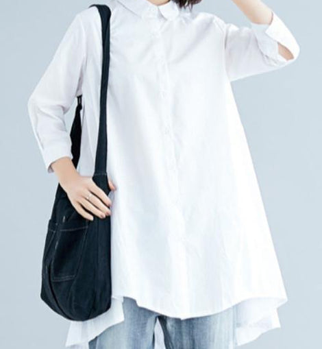 Loose white linen cotton Tunic Shirts lapel asymmetric tops