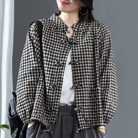 Luxury Black O-Neck Plaid Fall Long Sleeve Trench