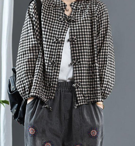 Luxury Black O-Neck Plaid Fall Long Sleeve Trench