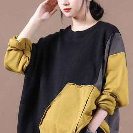 Luxury Black Patchwork Yellow Loose Fall Sweatshirt Street Wear