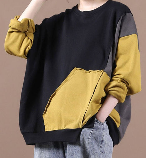 Luxury Black Patchwork Yellow Loose Fall Sweatshirt Street Wear