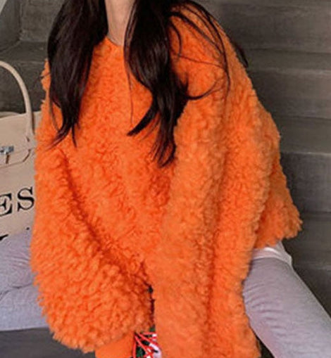 Luxury Orange O-Neck cozy Winter Loose Sweatshirt